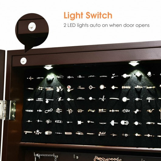 Lockable Wall Mount Mirrored Jewelry Cabinet with LED Lights-Brown