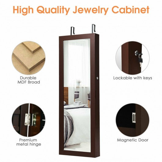 Lockable Wall Mount Mirrored Jewelry Cabinet with LED Lights-Brown