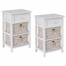 3 Tier Set of 2 Wood Nightstand with 1 and 2 Basket Drawer -White