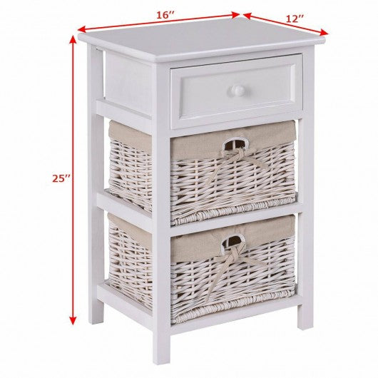 3 Tier Set of 2 Wood Nightstand with 1 and 2 Basket Drawer -White