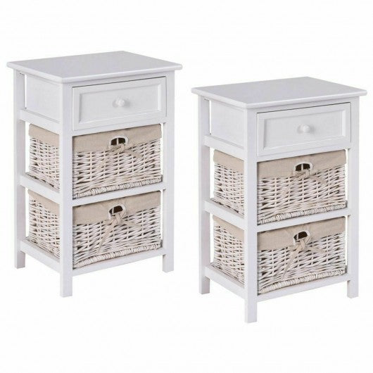 3 Tier Set of 2 Wood Nightstand with 1 and 2 Basket Drawer -White