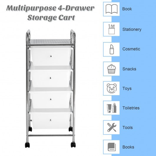 4-Drawer Cart Storage Bin Organizer Rolling with Plastic Drawers-White
