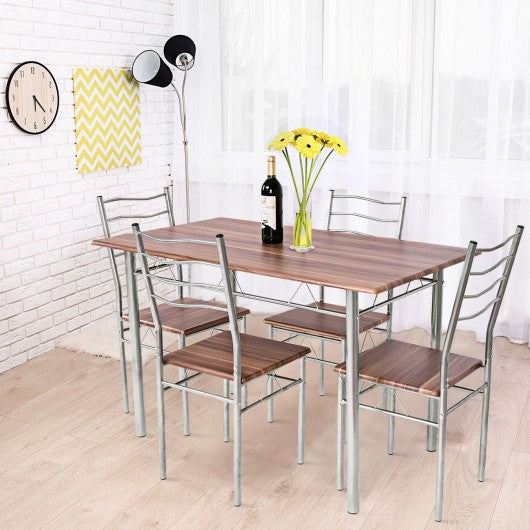 5 pcs Wood Metal Dining Table Set with 4 Chairs-Walnut