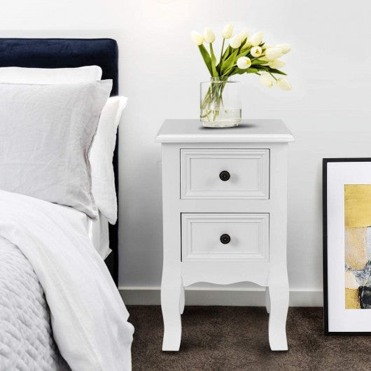 Wood Accent End Nightstand w- 2 Storage Drawers-White