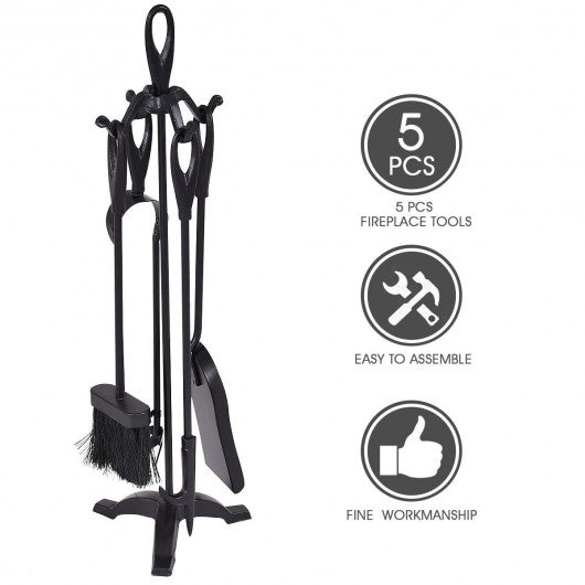 5 Pieces Rustic Heavy Duty Compact Wrought Iron Fireplace Tools Set