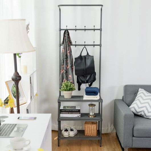 3 Tier Metal Storage Shelf 16 Hooks Hat Shoes Rack