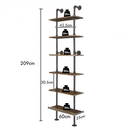 6-Shelf Rustic Vintage Industrial Pipe Wall Shelf