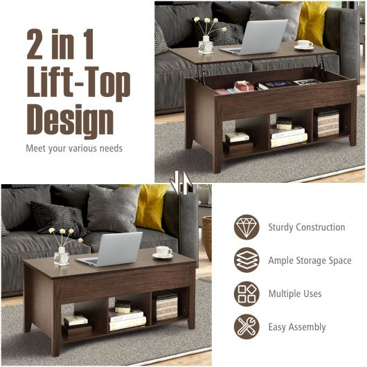 Lift Top Coffee Table with Storage Lower Shelf-Brown