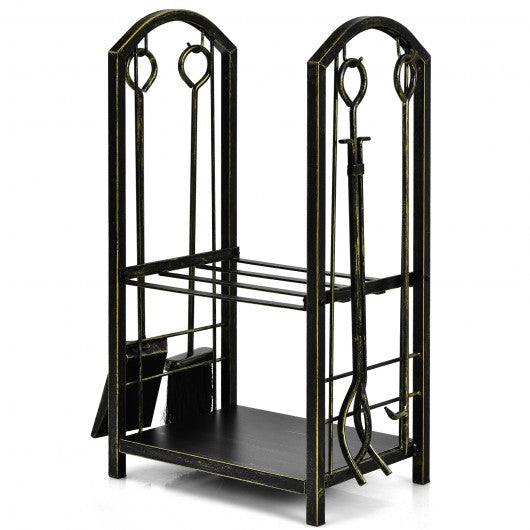 Fireplace Log Rack with 4-Piece Fireplace Tools-Bronze