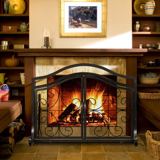 Fireplace Screen with Hinged Magnetic Two-doors Flat Guard