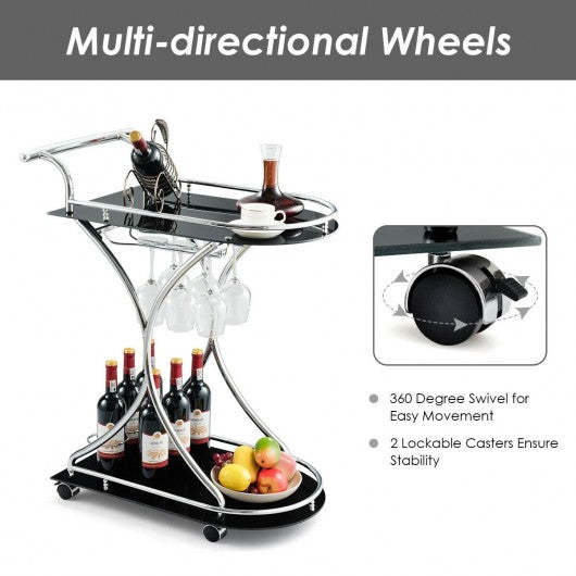 Glass Serving Rolling Bar Cart with Metal Frame