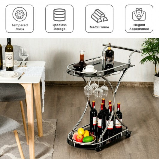 Glass Serving Rolling Bar Cart with Metal Frame
