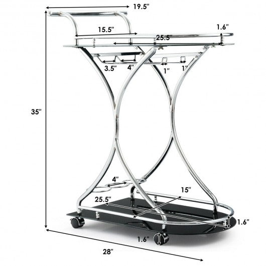 Glass Serving Rolling Bar Cart with Metal Frame
