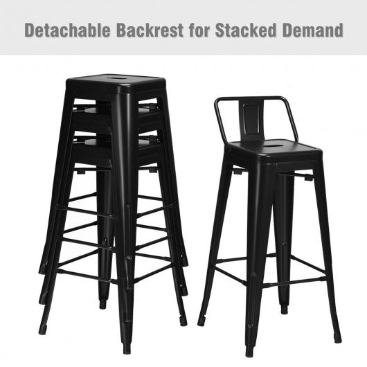 30 Inch Set of 4 Metal Counter Height Barstools with Low Back and Rubber Feet-Black