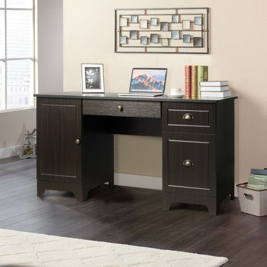 59" Computer Desk with Drawers & Storage Cabinet-Brown