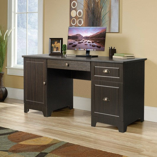 59" Computer Desk with Drawers & Storage Cabinet-Brown