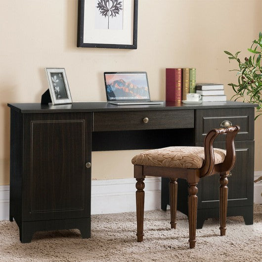 59" Computer Desk with Drawers & Storage Cabinet-Brown