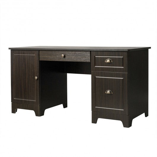 59" Computer Desk with Drawers & Storage Cabinet-Brown