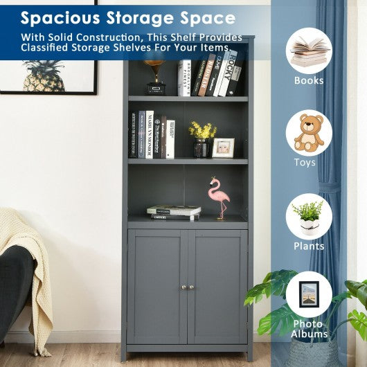 Bookcase Shelving Storage Wooden Cabinet Unit Standing Display Bookcase with Doors-Gray