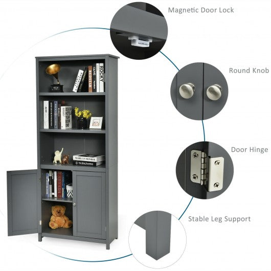 Bookcase Shelving Storage Wooden Cabinet Unit Standing Display Bookcase with Doors-Gray
