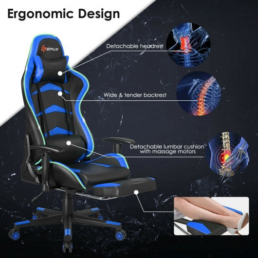 Massage LED Gaming Chair with Lumbar Support and Footrest-Blue