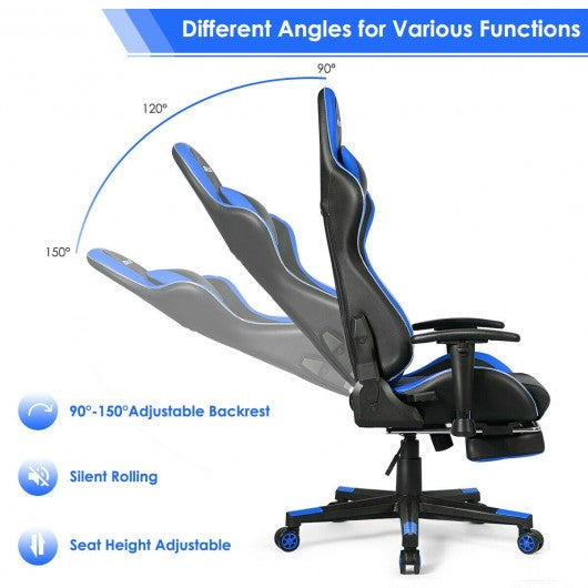 Massage LED Gaming Chair with Lumbar Support and Footrest-Blue
