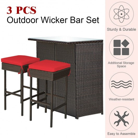 3PCS Patio Rattan Wicker Bar Table Stools Dining Set-Red
