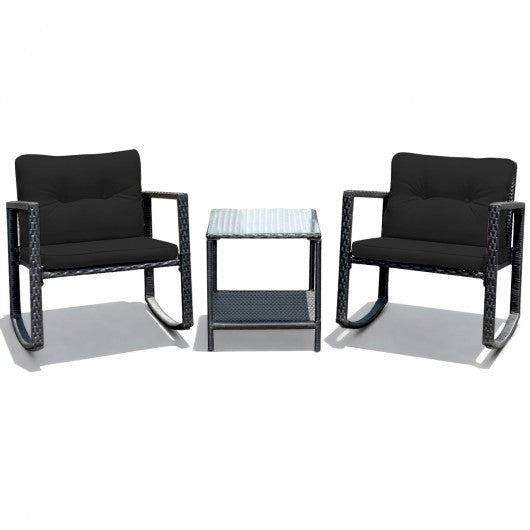 3 Pcs Cushioned Patio Rattan Set with Rocking Chair and Table-Black