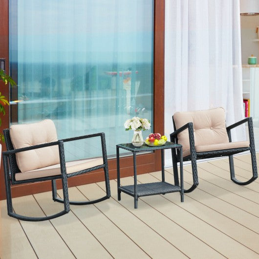 3 Pcs Wicker Rocking Bistro Set with Glass Coffee Table and Storage Shelf-Beige