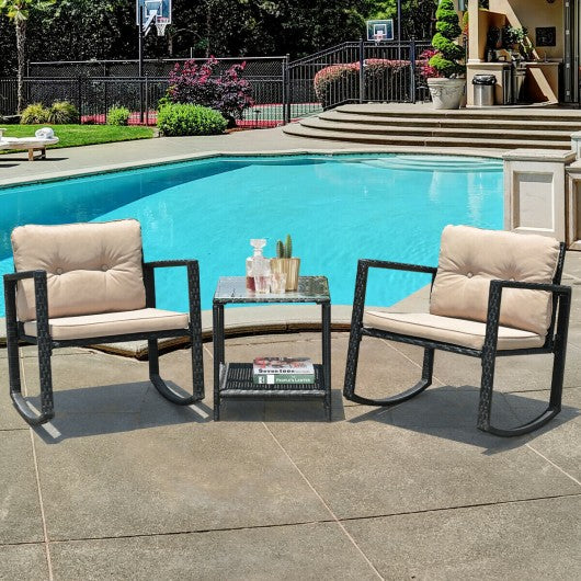 3 Pcs Wicker Rocking Bistro Set with Glass Coffee Table and Storage Shelf-Beige