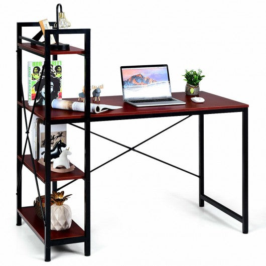 47.5" Writing Study Computer Desk with 4-Tier Shelves-Coffee