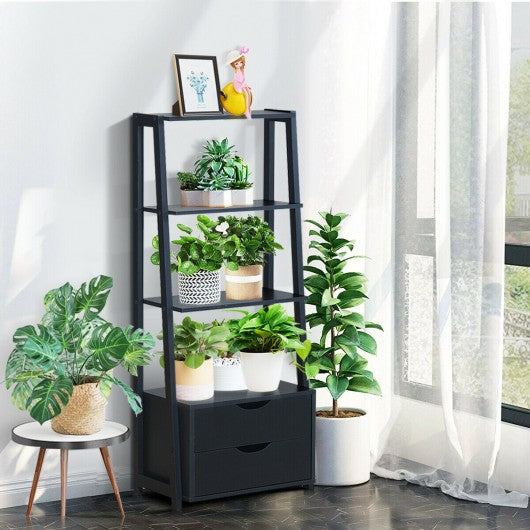4-Tier Ladder Bookshelf Storage Display with 2 Drawers