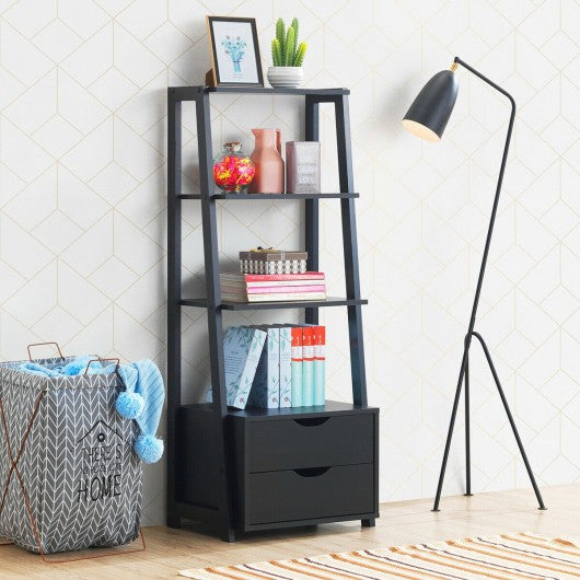 4-Tier Ladder Bookshelf Storage Display with 2 Drawers