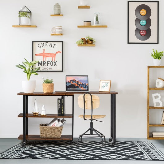 360° Rotating Sofa Side Table with Storage Shelves and Wheels-Rustic Brown