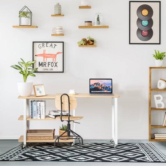 360° Rotating Sofa Side Table with Storage Shelves & Wheels-Natural Wood