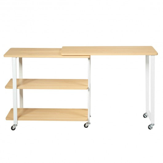 360° Rotating Sofa Side Table with Storage Shelves & Wheels-Natural Wood