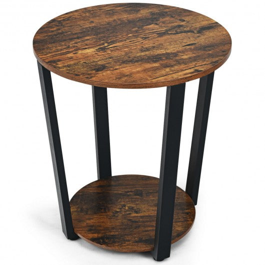 2-tier Round End Table with Storage Shelf & Metal Frame-Brown
