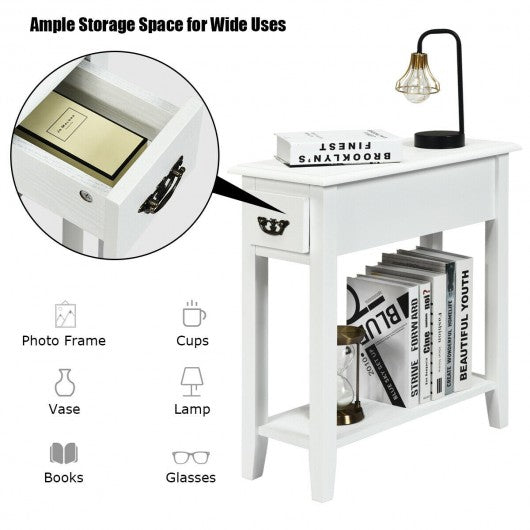 2 Pieces 2 Tier Sofa Side End Table with Drawer and Open Shelf-White