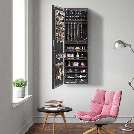 5 LEDs Jewelry Armoire Wall Mounted - Door Hanging Mirror-Coffee