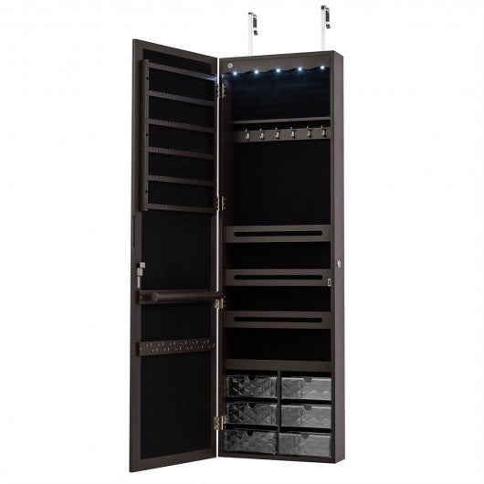 5 LEDs Jewelry Armoire Wall Mounted - Door Hanging Mirror-Coffee