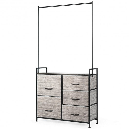 5 Drawers Fabric Dresser with Hanger Metal Top Storage Closet Organizer