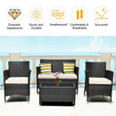 4 Pcs Rattan Outdoor Patio Conversation Furniture Set with Glass Table and Comfortable Wicker Sectional Sofa