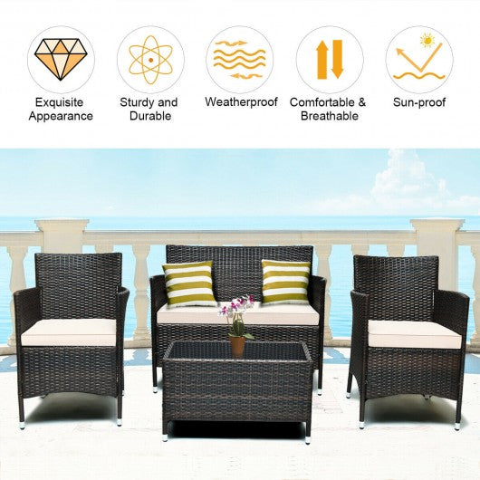 4 Pcs Rattan Outdoor Patio Conversation Furniture Set with Glass Table and Comfortable Wicker Sectional Sofa