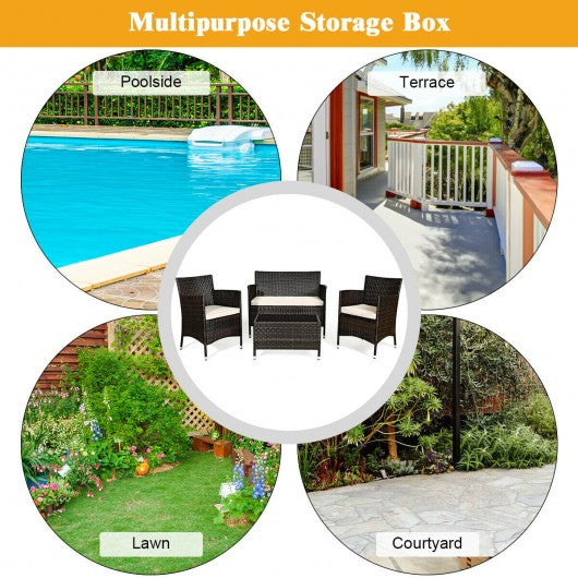 4 Pcs Rattan Outdoor Patio Conversation Furniture Set with Glass Table and Comfortable Wicker Sectional Sofa
