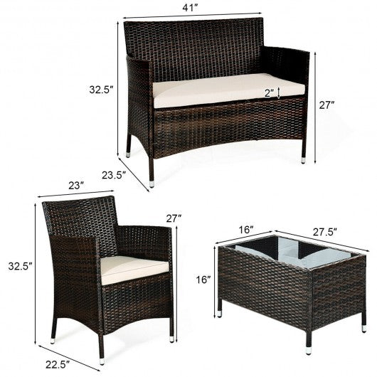 4 Pcs Rattan Outdoor Patio Conversation Furniture Set with Glass Table and Comfortable Wicker Sectional Sofa