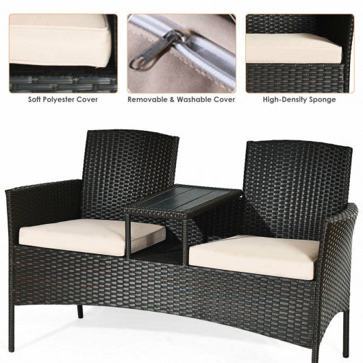 Modern Patio Conversation Set with Built-in Coffee Table and Cushions-Beige