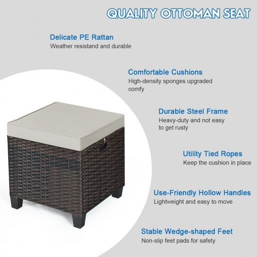 2 Pcs Patio Rattan Ottoman Cushioned Seat Foot Rest-Khaki