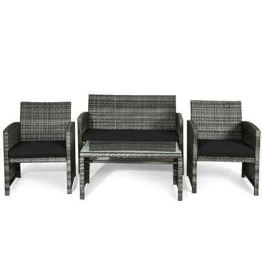 4 Pieces Patio Rattan Furniture Set with Glass Table and Loveseat-Black
