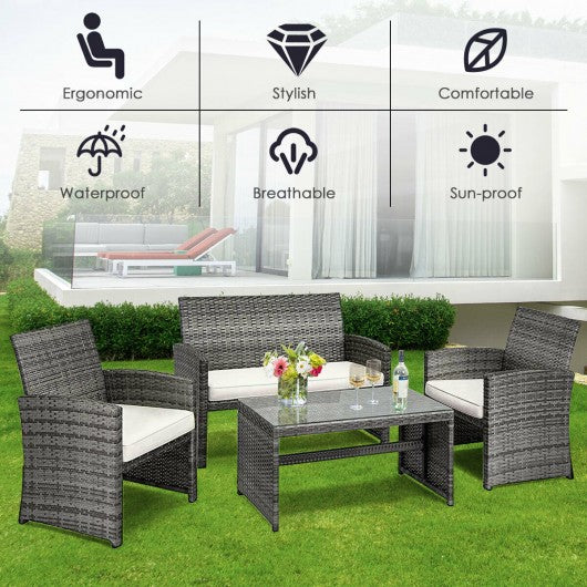 4 Pcs Patio Rattan Furniture Set Top Sofa With Glass Table-White