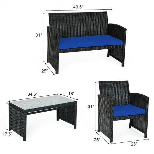 4 Pcs Wicker Conversation Furniture Set Patio Sofa and Table Set-Navy